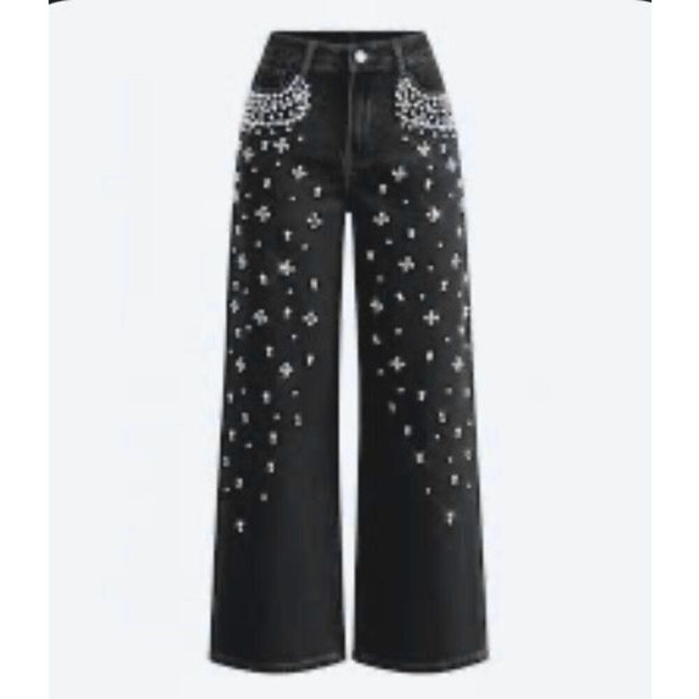 Savana Women’s Black Pearl & Rhinestone High Rise Wide Leg Jeans Sz Small NEW
